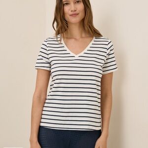 PACT Basic White Blue Striped 100% Organic Cotton V-Neck T-Shirt Size Small